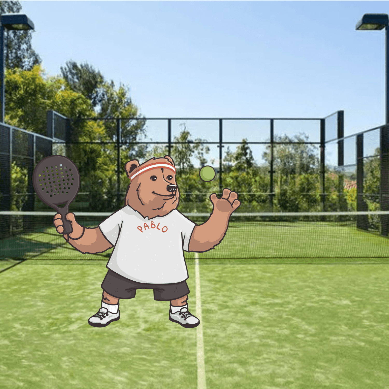 Pablo the Padel Bears mascot playing padel, encouraging players to explore our Padel Cubs range