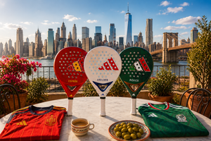 American city sky line and three world cup padel rackets