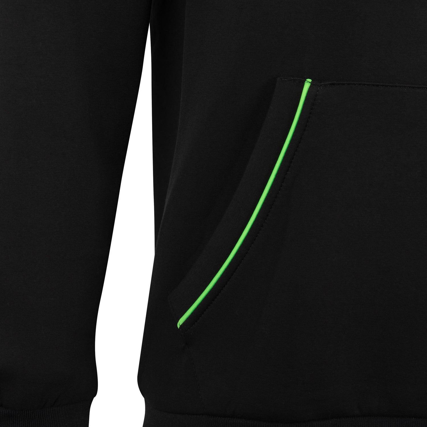 Close-up of a black Royal Paddle Hoodie showing green piping detail on pocket.