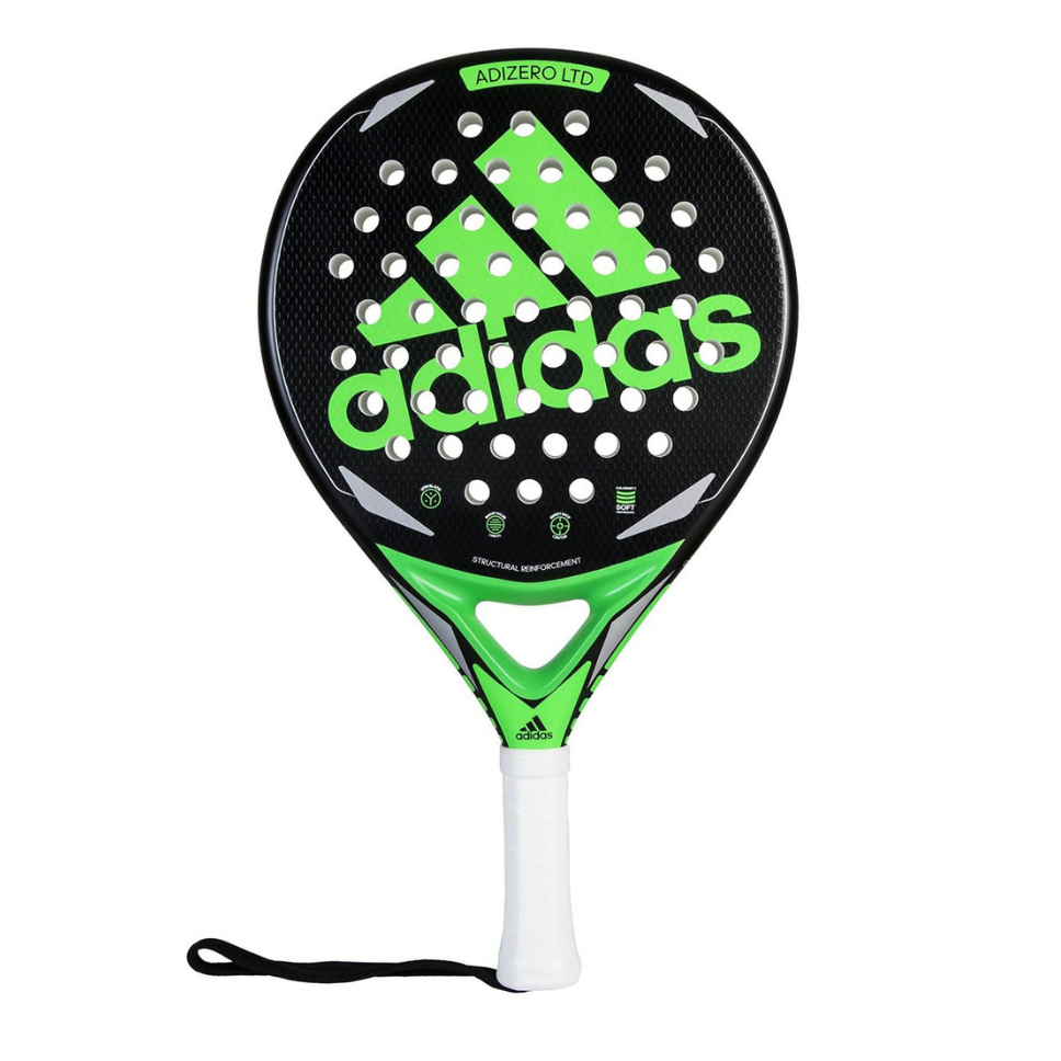 Black and Green Adidas padel racket on a white background.