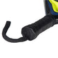 The handle of a black, blue and green junior Adidas padel tennis racket.