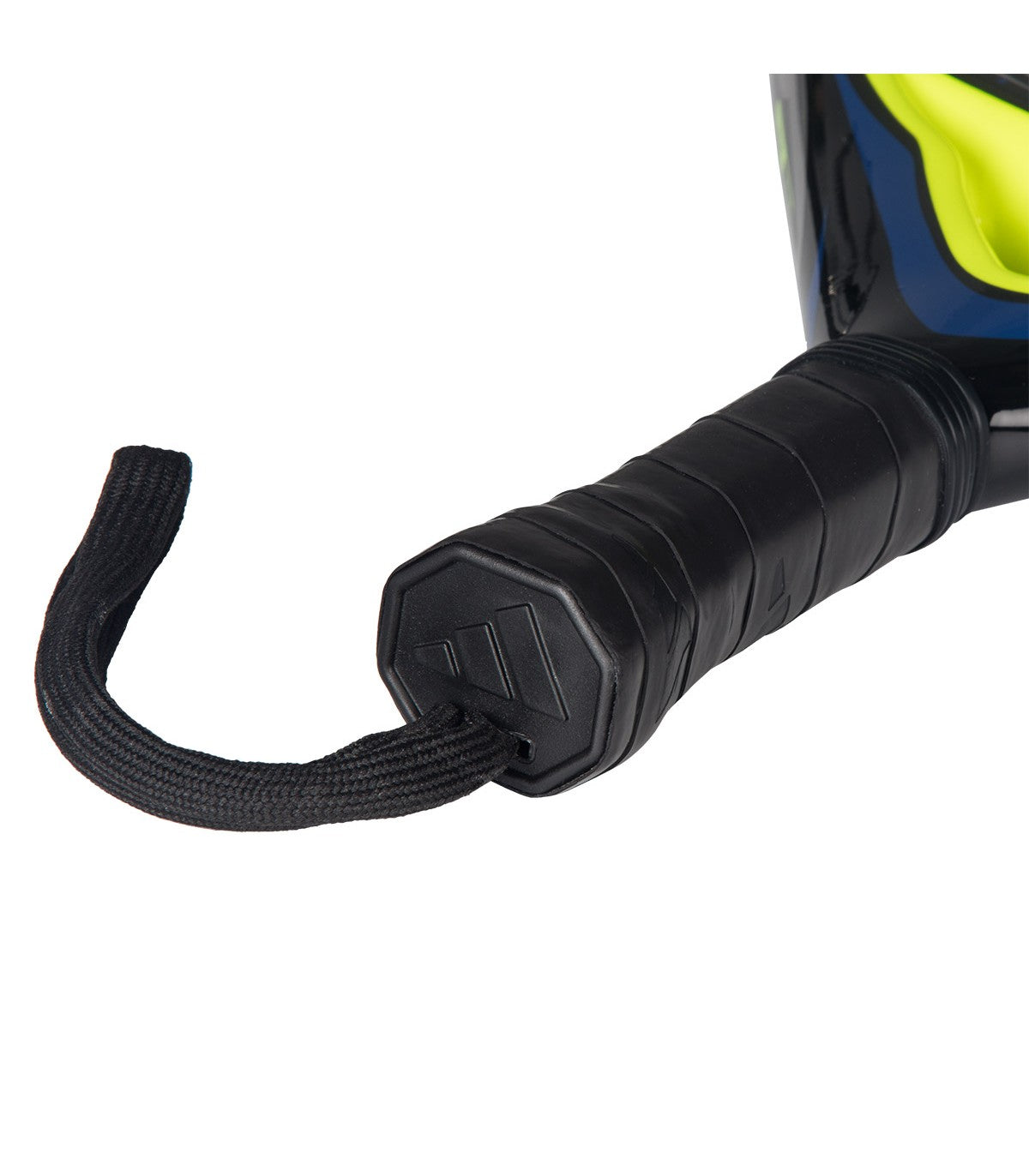 The handle of a black, blue and green junior Adidas padel tennis racket.