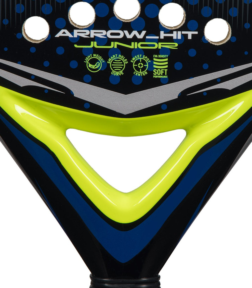 Black, blue and green junior Adidas padel tennis racket, zoomed in