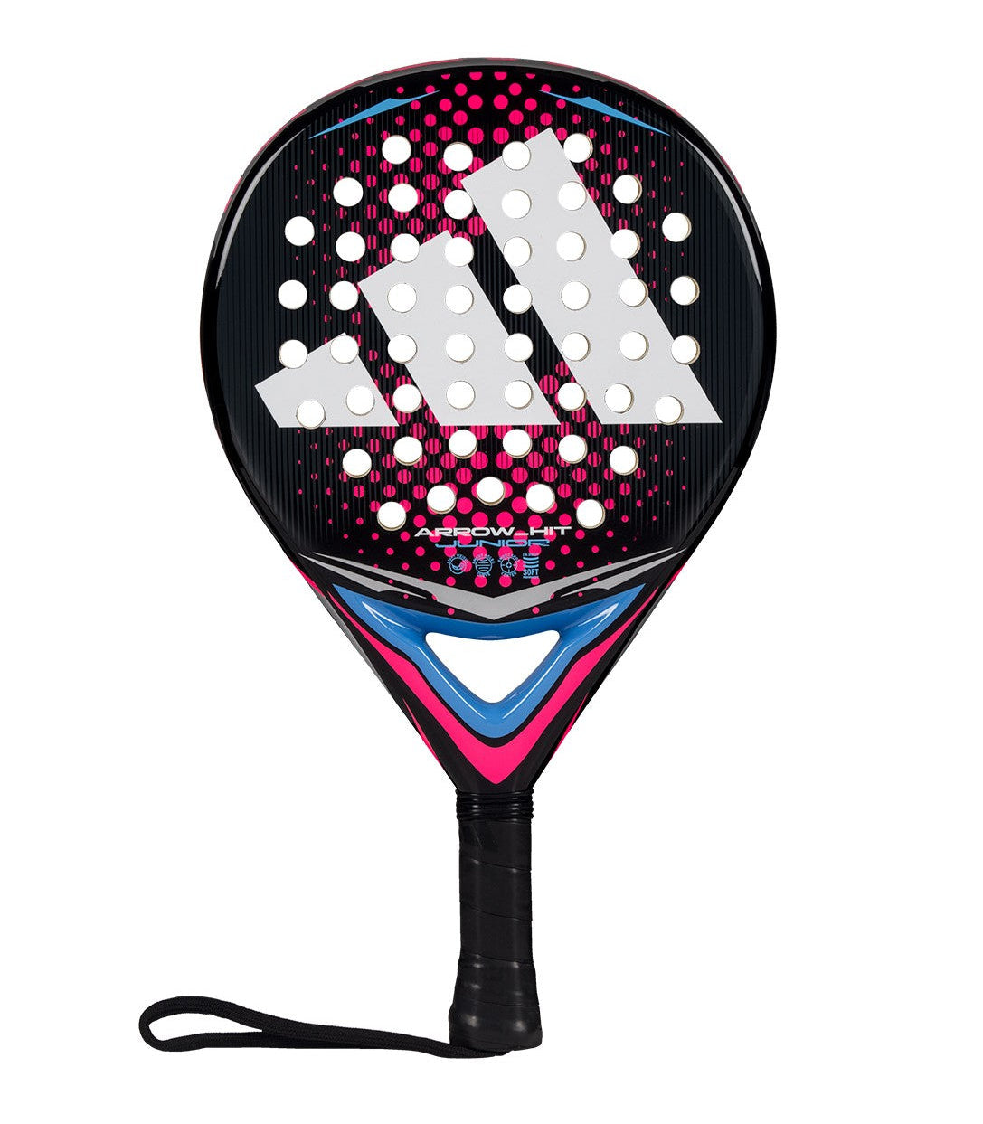 Black, pink and blue Adidas junior padel tennis racket.