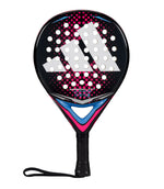 Black, pink and blue Adidas junior padel tennis racket.