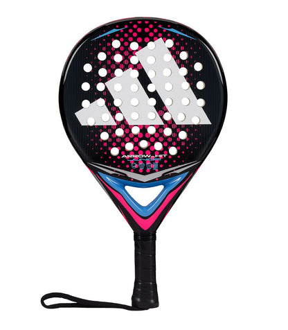 Black, pink and blue Adidas junior padel tennis racket.