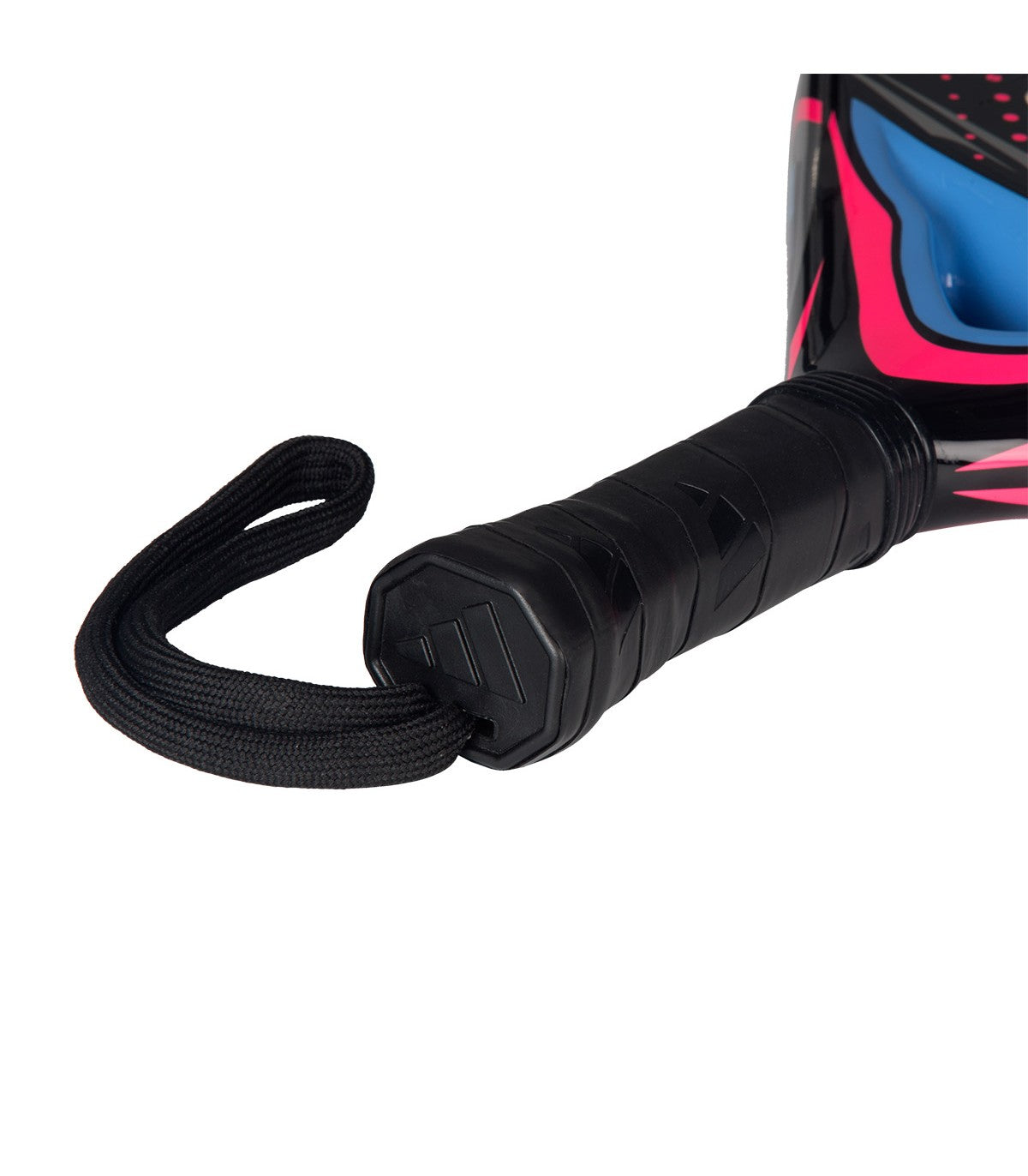 The handle of a black, pink and blue Adidas junior padel tennis racket.