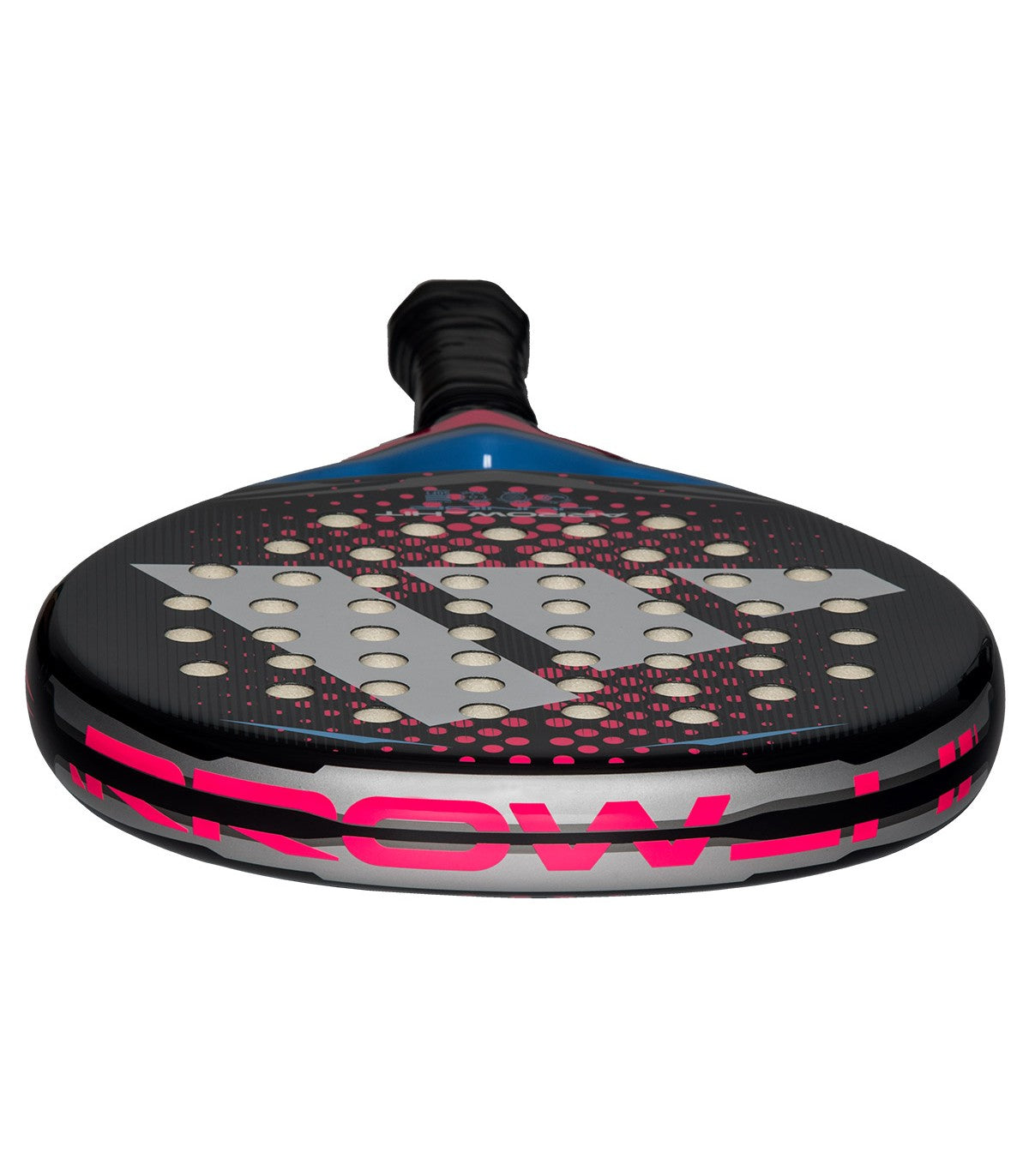 Black, pink and blue Adidas junior padel tennis racket.