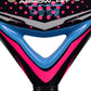 Black, pink and blue Adidas junior padel tennis racket, zoomed in.