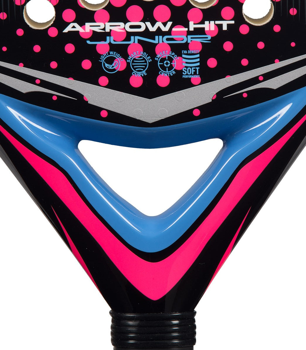 Black, pink and blue Adidas junior padel tennis racket, zoomed in.
