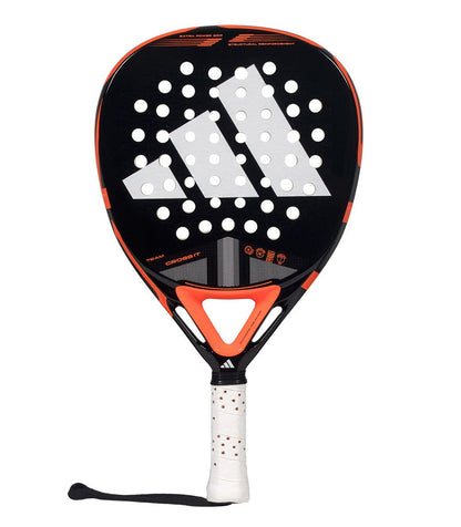 Black and orange Adidas padel tennis racket with a white logo.