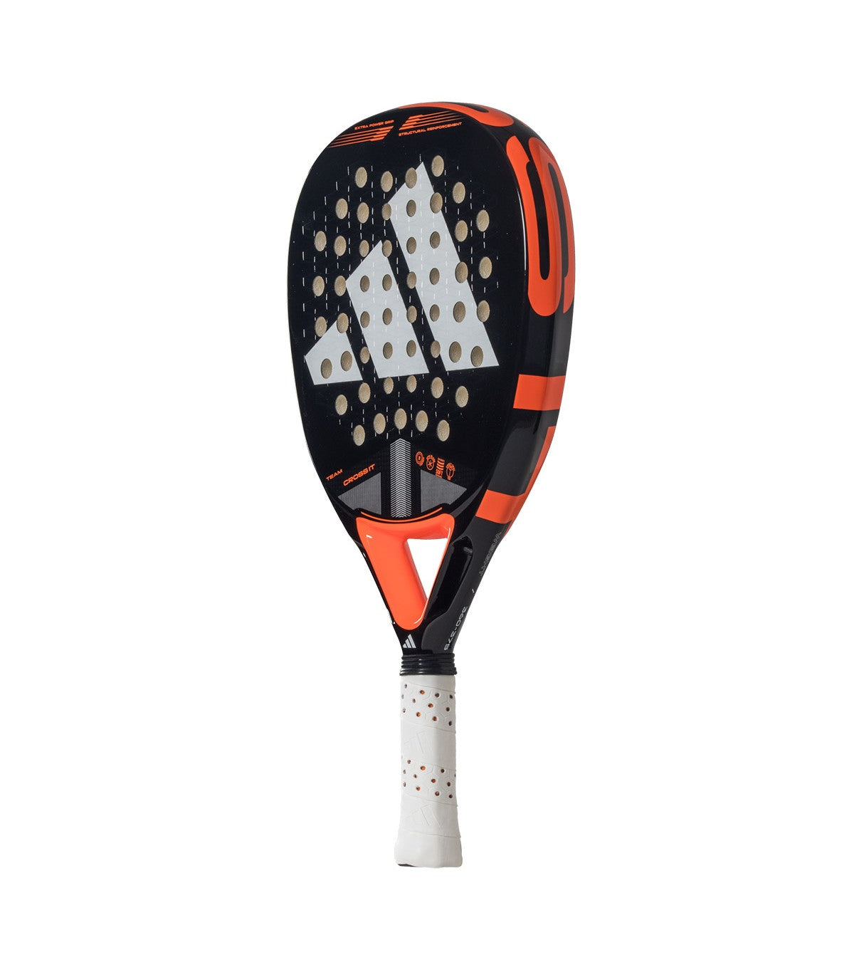 Black and orange Adidas padel tennis racket with a white logo.