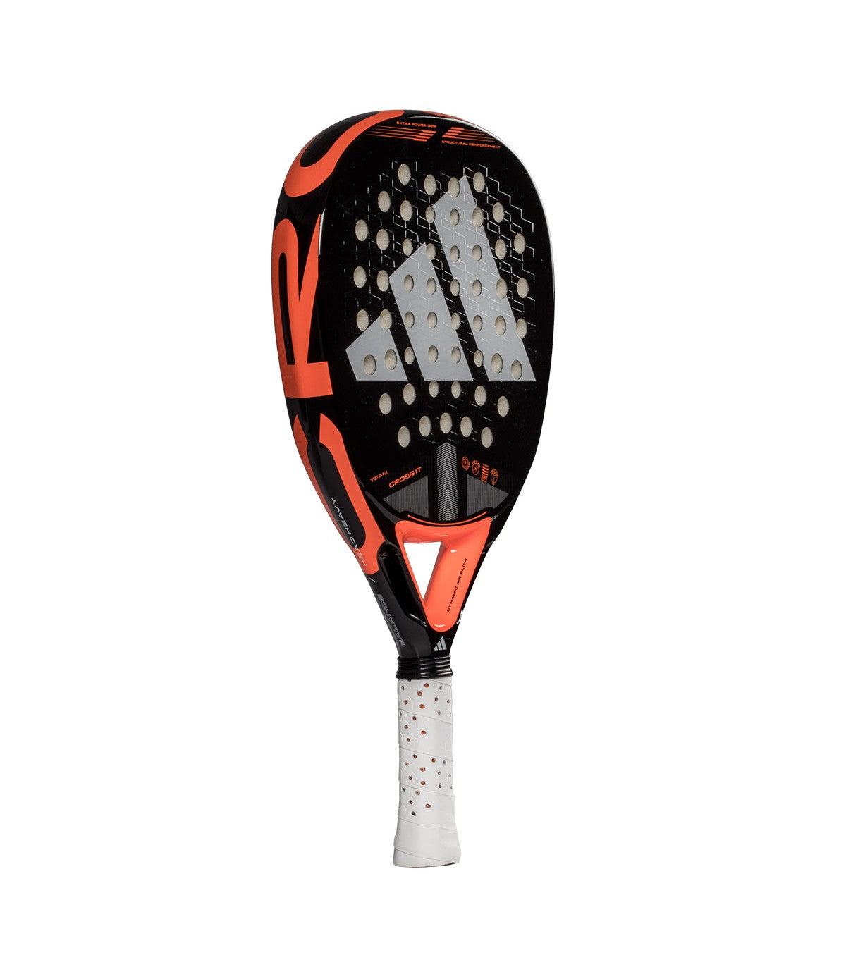 Black and orange Adidas padel tennis racket with a white logo.