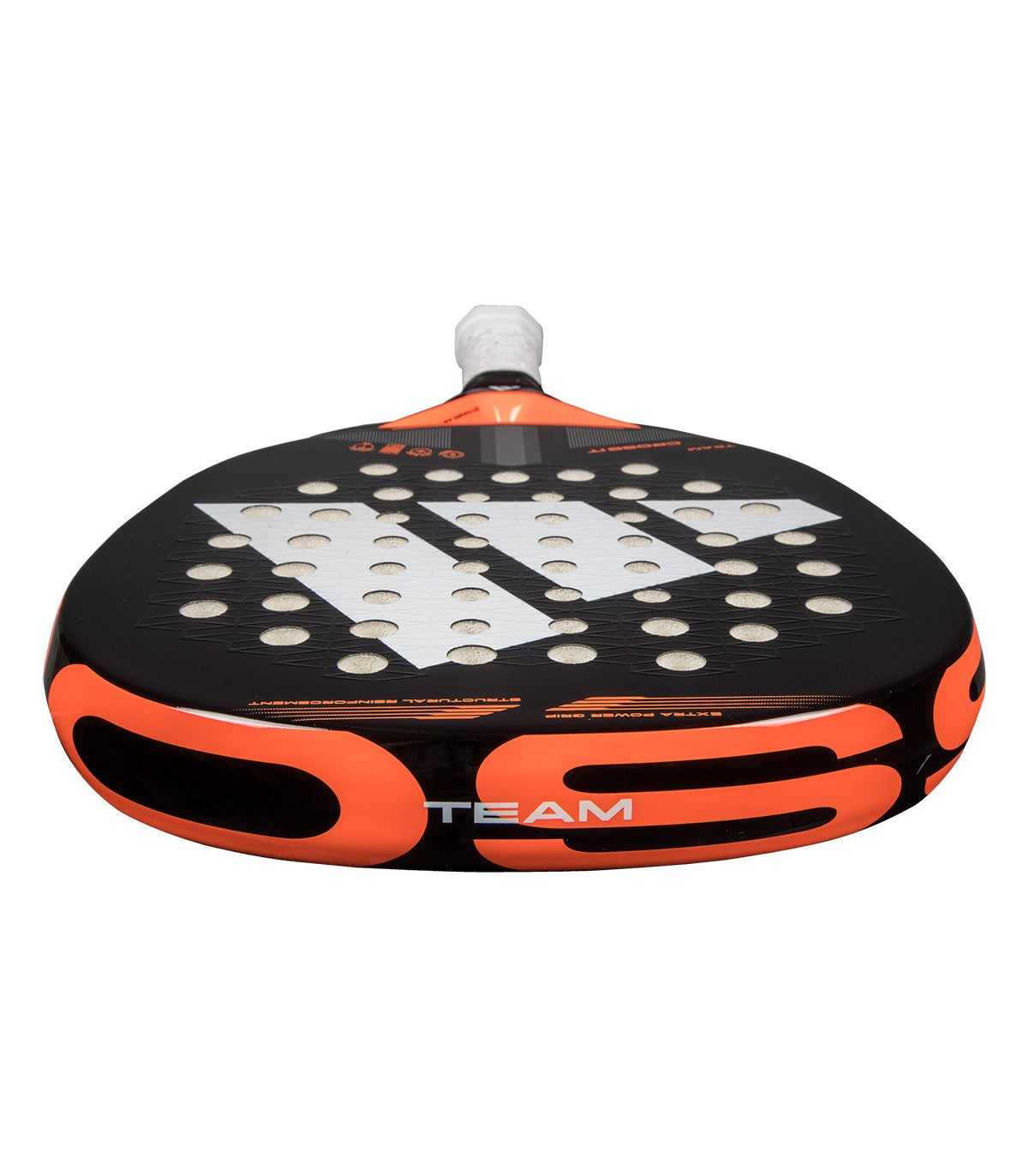 Black and orange Adidas padel tennis racket with a white logo.