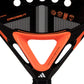 Black and orange Adidas padel tennis racket with a white logo, zoomed in.