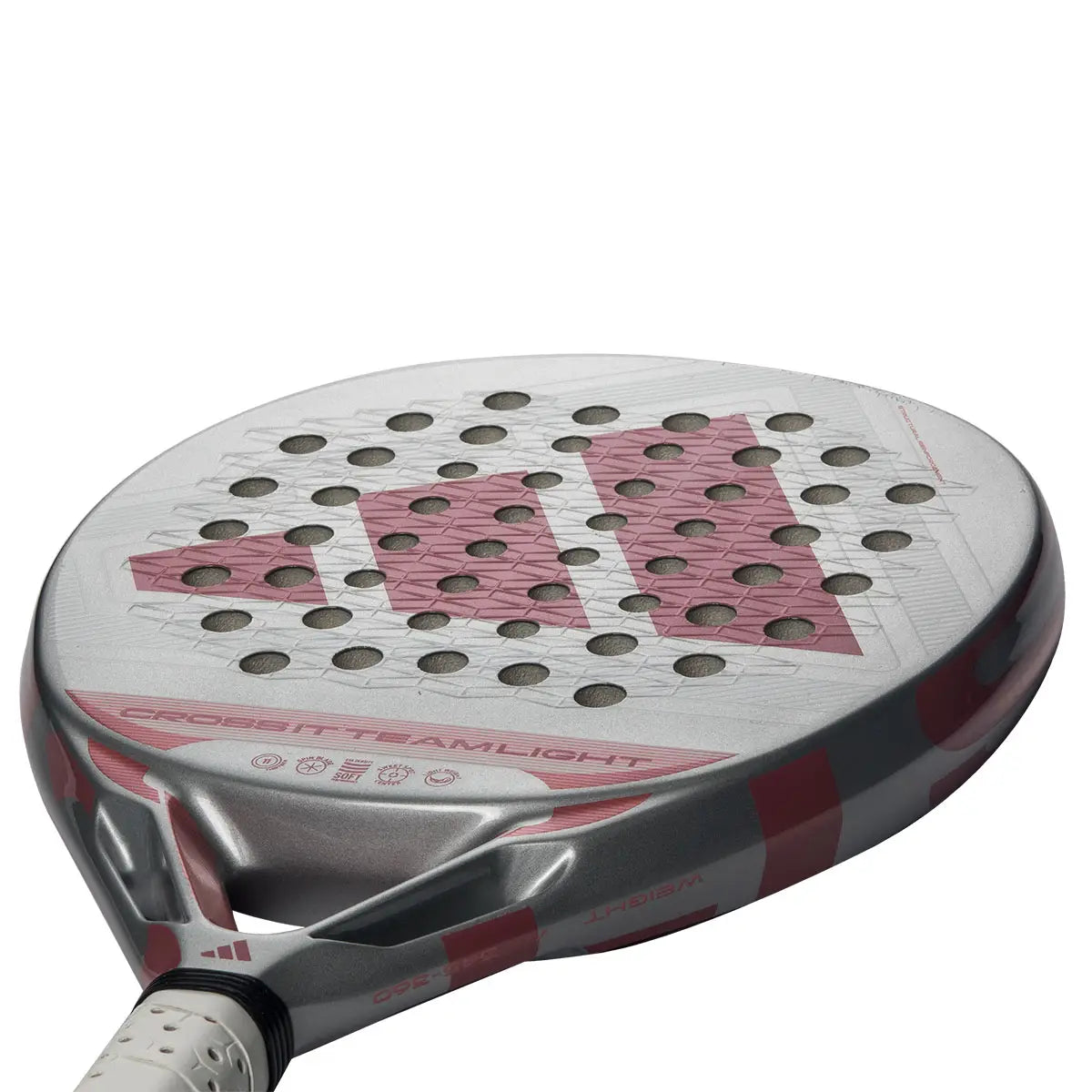 The face of a grey 2026 Adidas padel racket with red branding on a white background.