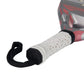 The white handle of a grey 2026 Adidas padel racket with red branding on a white background.