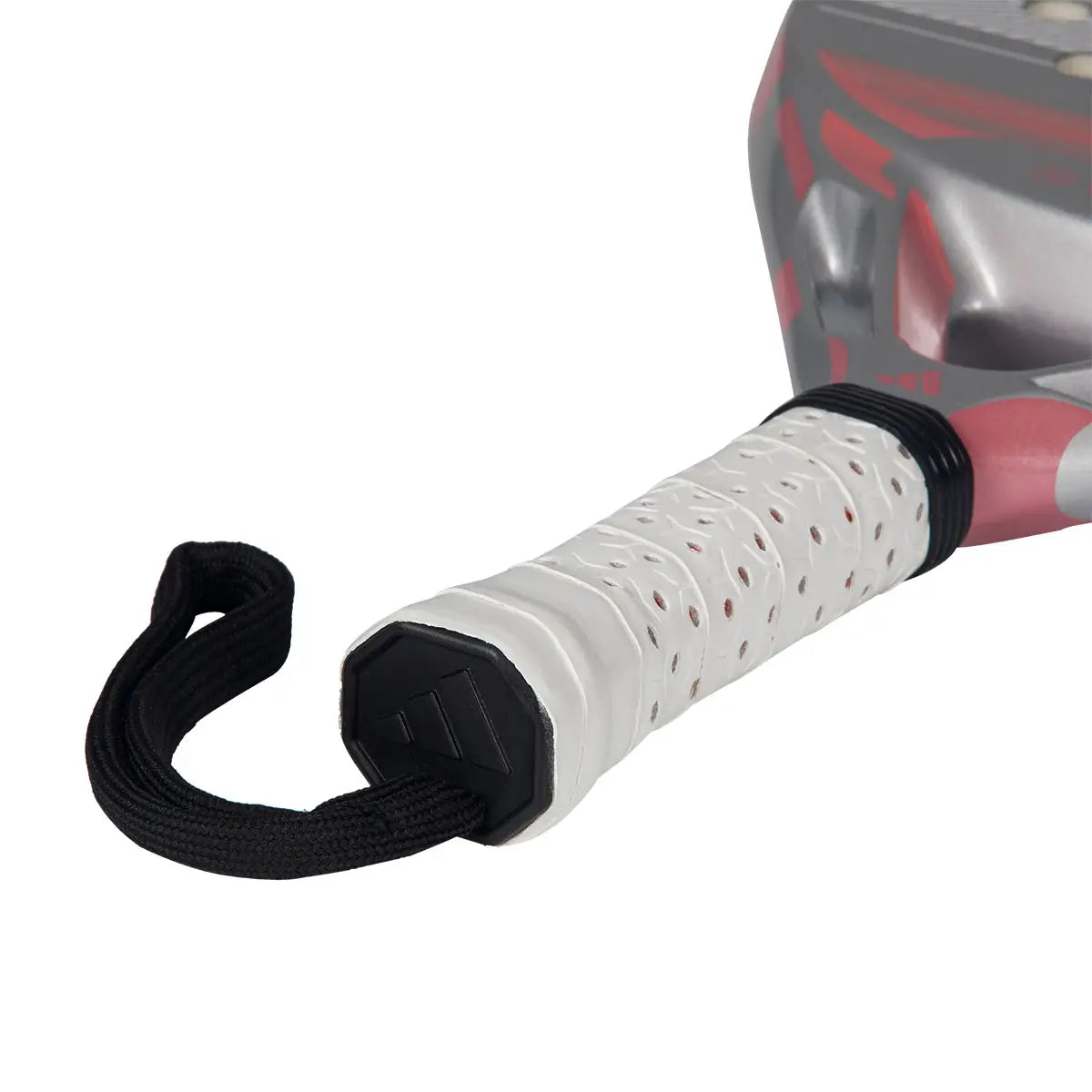 The white handle of a grey 2026 Adidas padel racket with red branding on a white background.