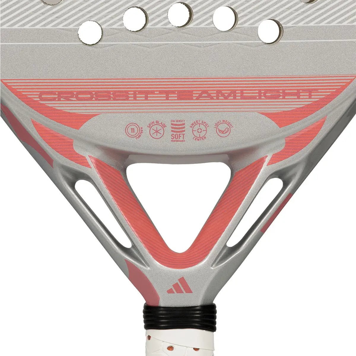 Close-up of a grey 2026 Adidas padel racket with red branding on a white background.