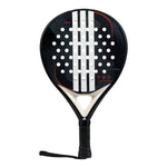 Black Adidas padel tennis racket with white stripes on a white background.