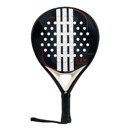 Black Adidas padel tennis racket with white stripes on a white background.