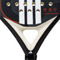 Close up of a black Adidas padel tennis racket with white stripes on a white background.