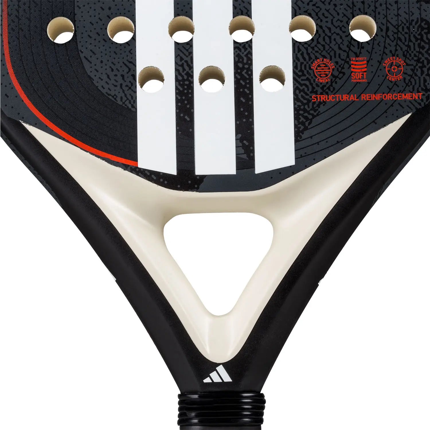 Close up of a black Adidas padel tennis racket with white stripes on a white background.