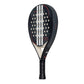 Side of a black Adidas padel tennis racket with white stripes on a white background.