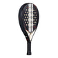 Side of a black Adidas padel tennis racket with white stripes on a white background.