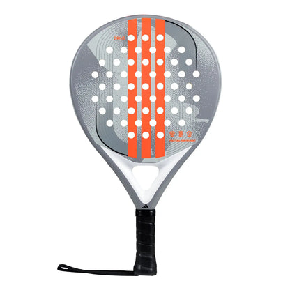 Grey Adidas padel tennis racket with orange stripes on a white background.