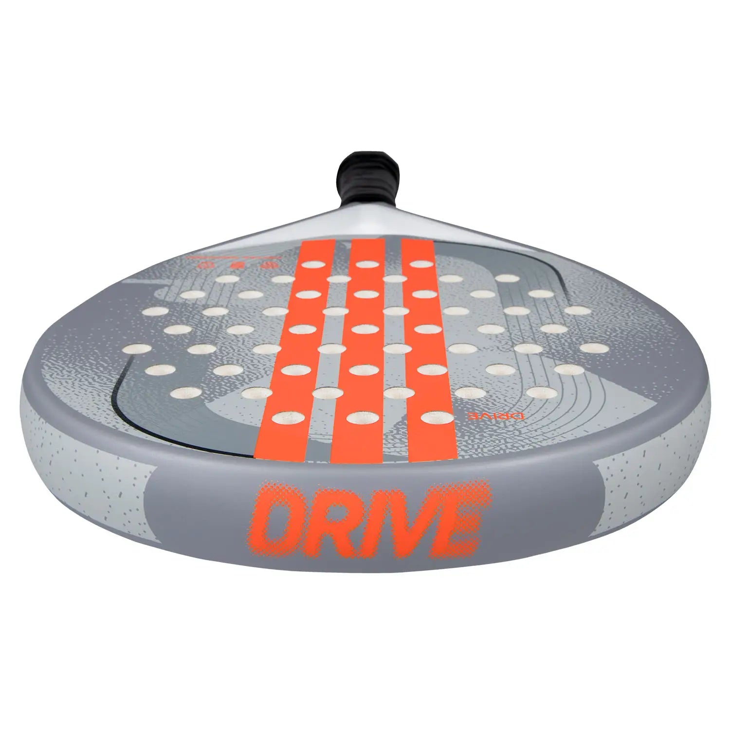 Flat view of a grey Adidas padel tennis racket with orange stripes on a white background.