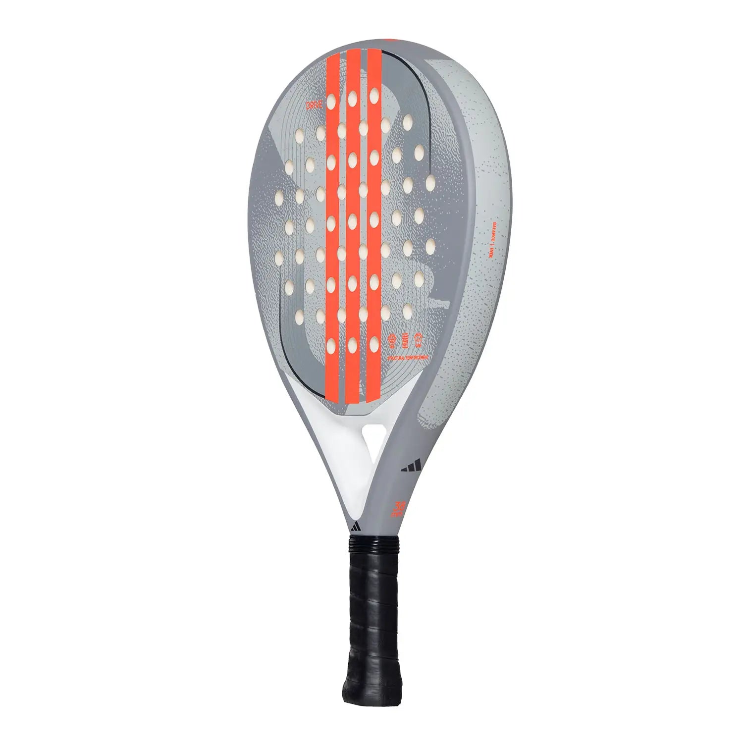 Side of grey Adidas padel tennis racket with orange stripes on a white background.