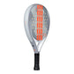 Side of grey Adidas padel tennis racket with orange stripes on a white background.