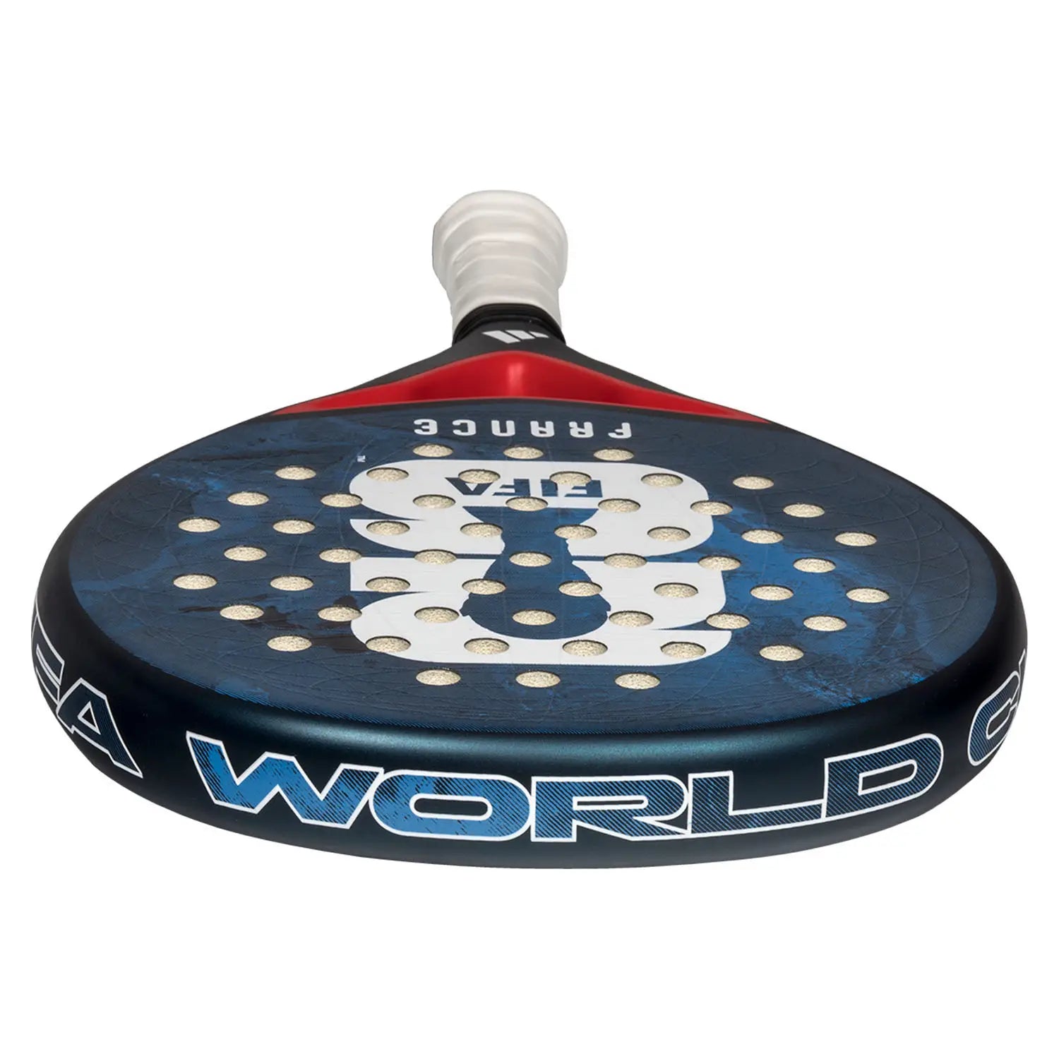 The top of a limited edition 2026 World Cup blue Adidas padel racket with red and white branding for the France national team.