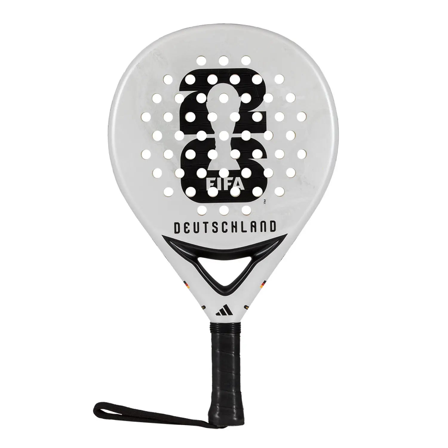 A limited edition 2026 World Cup white Adidas padel racket for the Germany national team, with the World Cup trophy on the face.