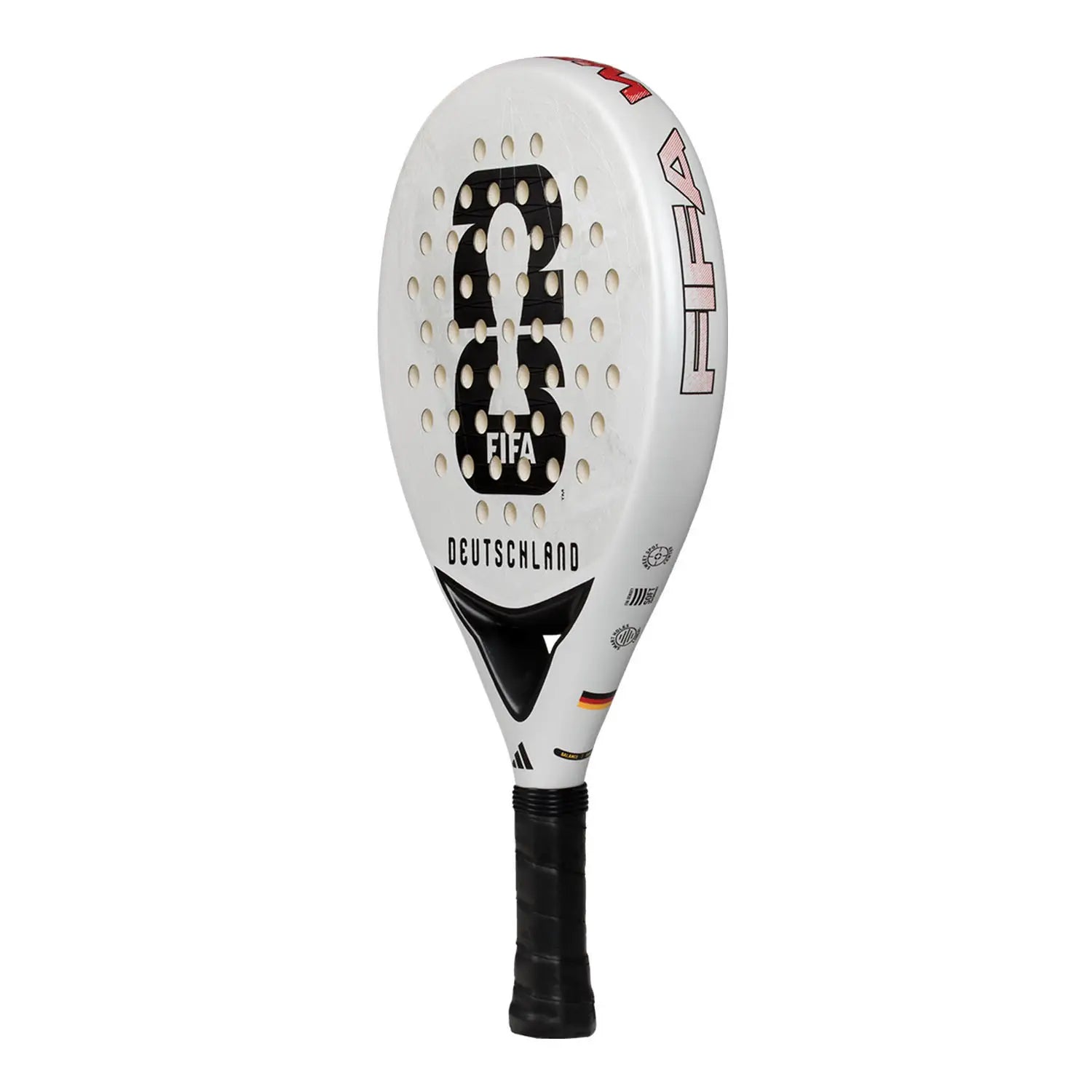 A limited edition 2026 World Cup white Adidas padel racket for the Germany national team, with the World Cup trophy on the face.