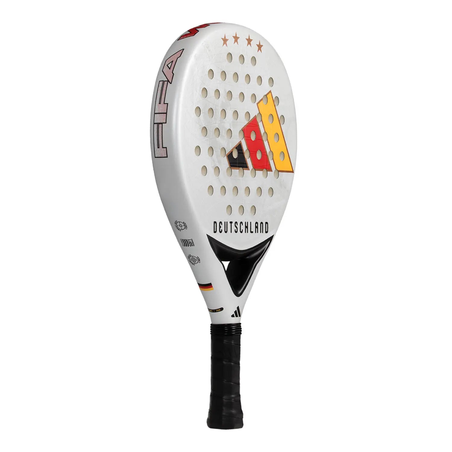 A limited edition 2026 World Cup white Adidas padel racket with black, yellow and red branding for the Germany national team.