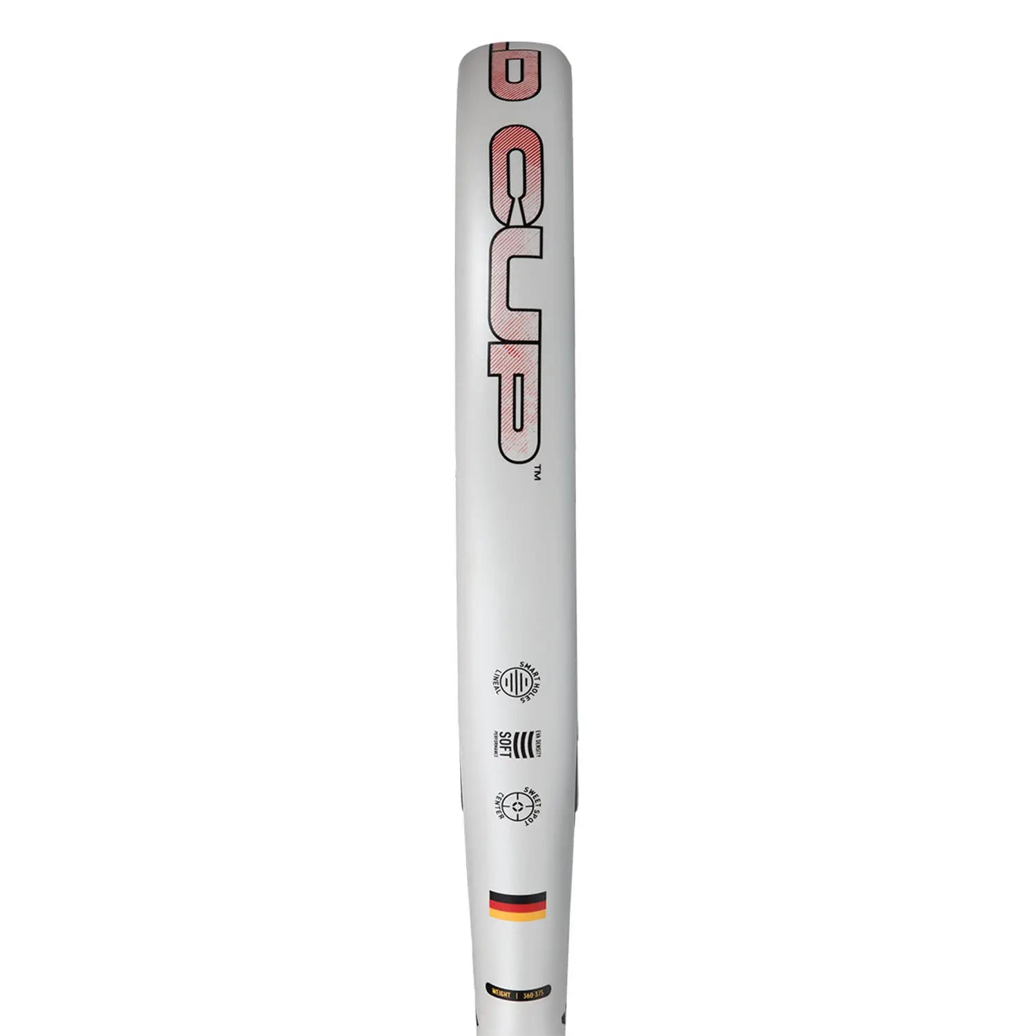 The side of a limited edition 2026 World Cup white Adidas padel racket with black, yellow and red branding for the Germany national team.