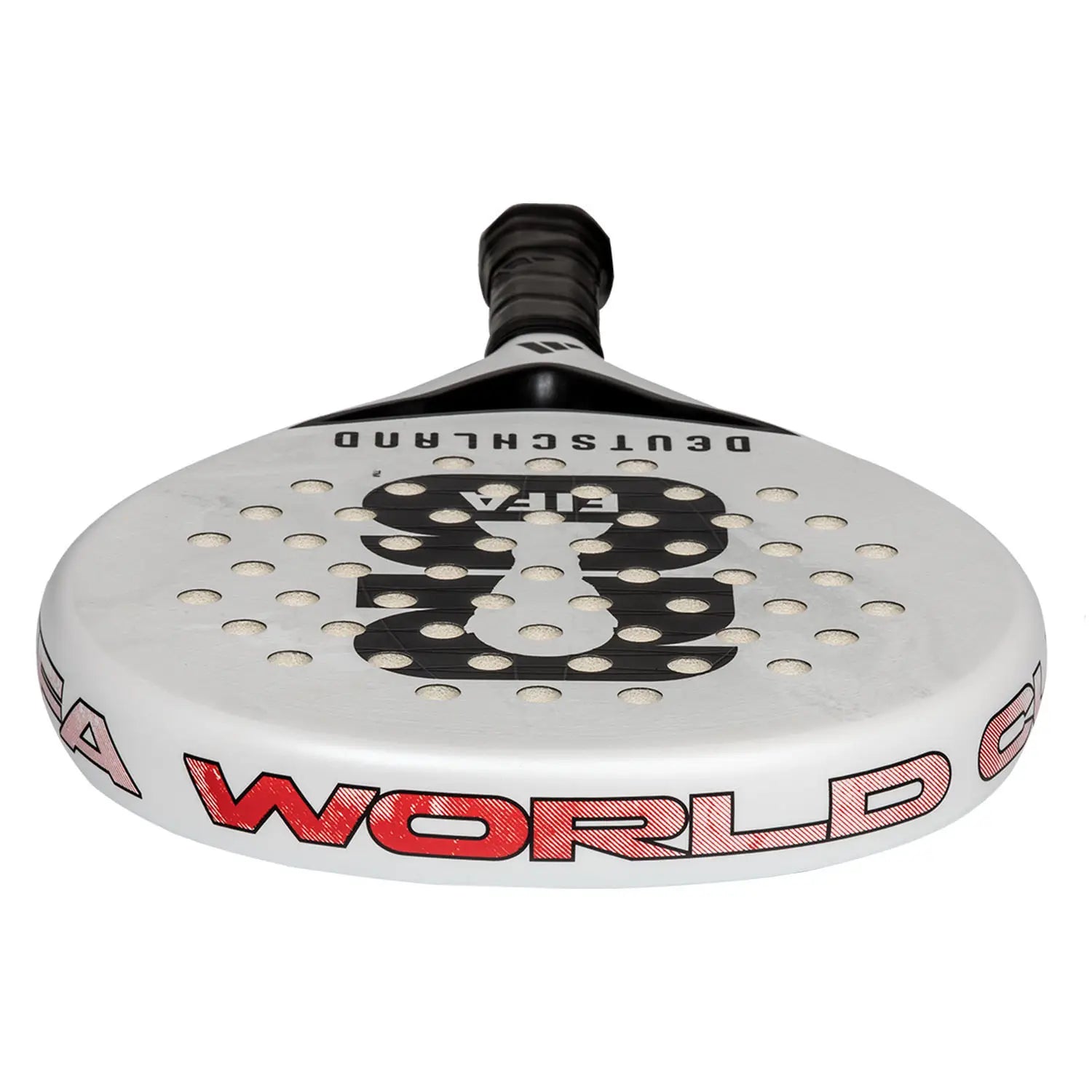 The top of a limited edition 2026 World Cup white Adidas padel racket with black, yellow and red branding for the Germany national team.