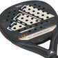 The face of a black Adidas Kardex padel racket on a white background.