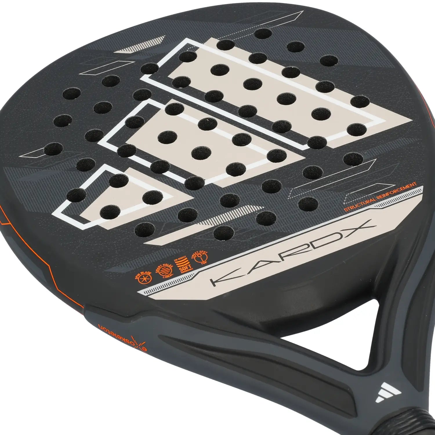The face of a black Adidas Kardex padel racket on a white background.