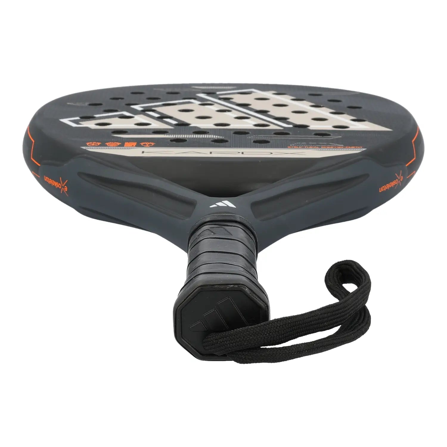 The handle of a black Adidas Kardex padel racket on a white background.