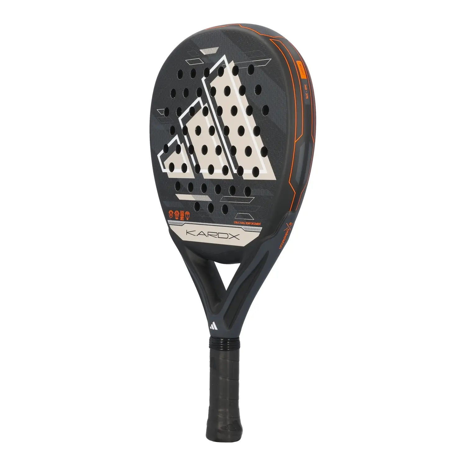 A black Adidas Kardex padel racket on a white background.
