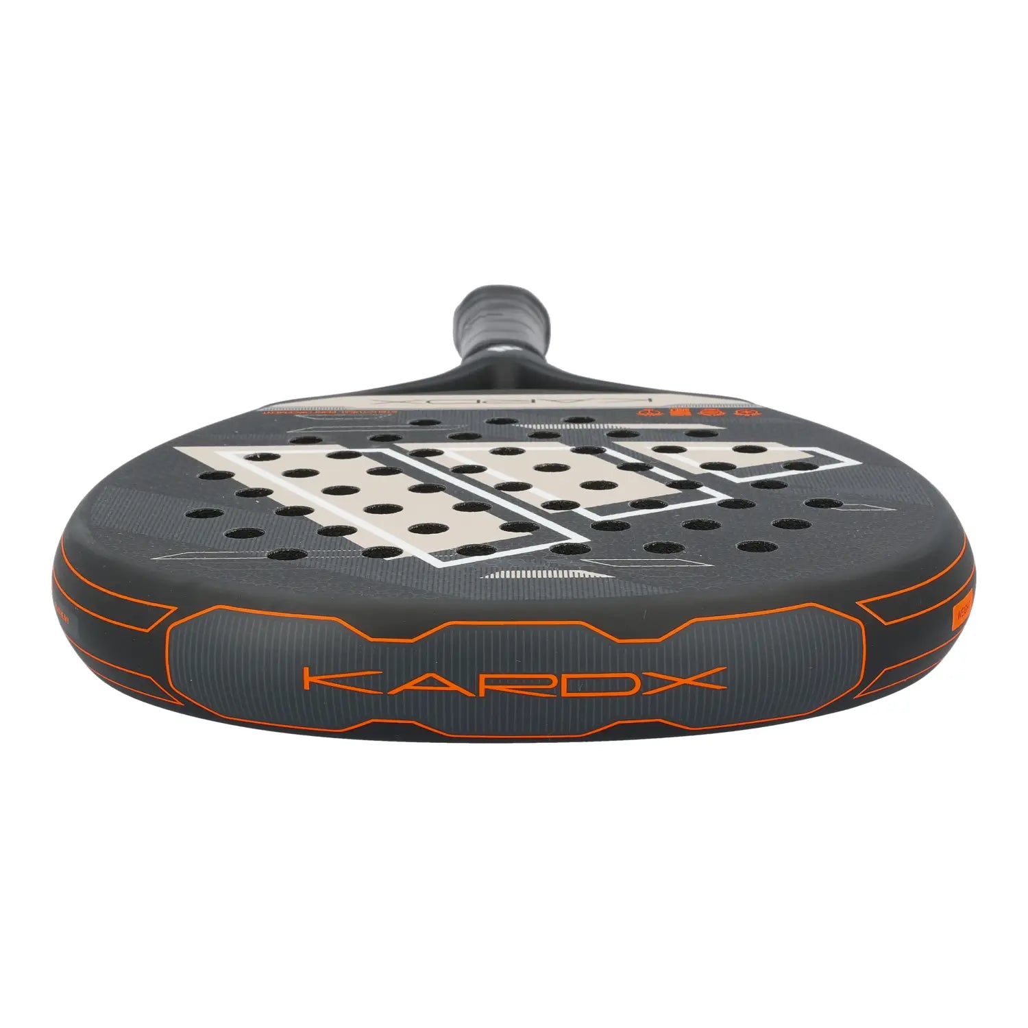 The top of a black Adidas Kardex padel racket on a white background.