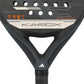 A close up of a black Adidas Kardex padel racket on a white background.