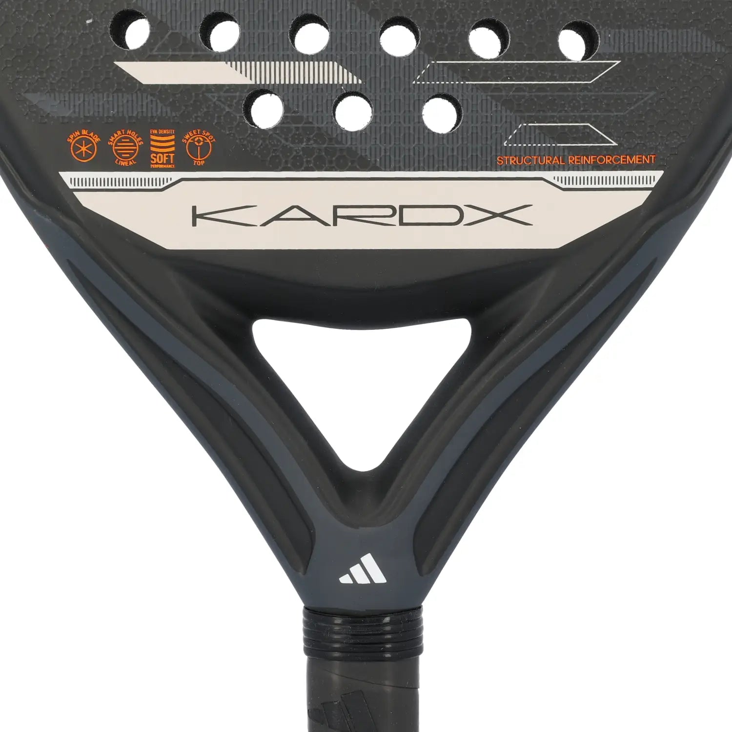 A close up of a black Adidas Kardex padel racket on a white background.