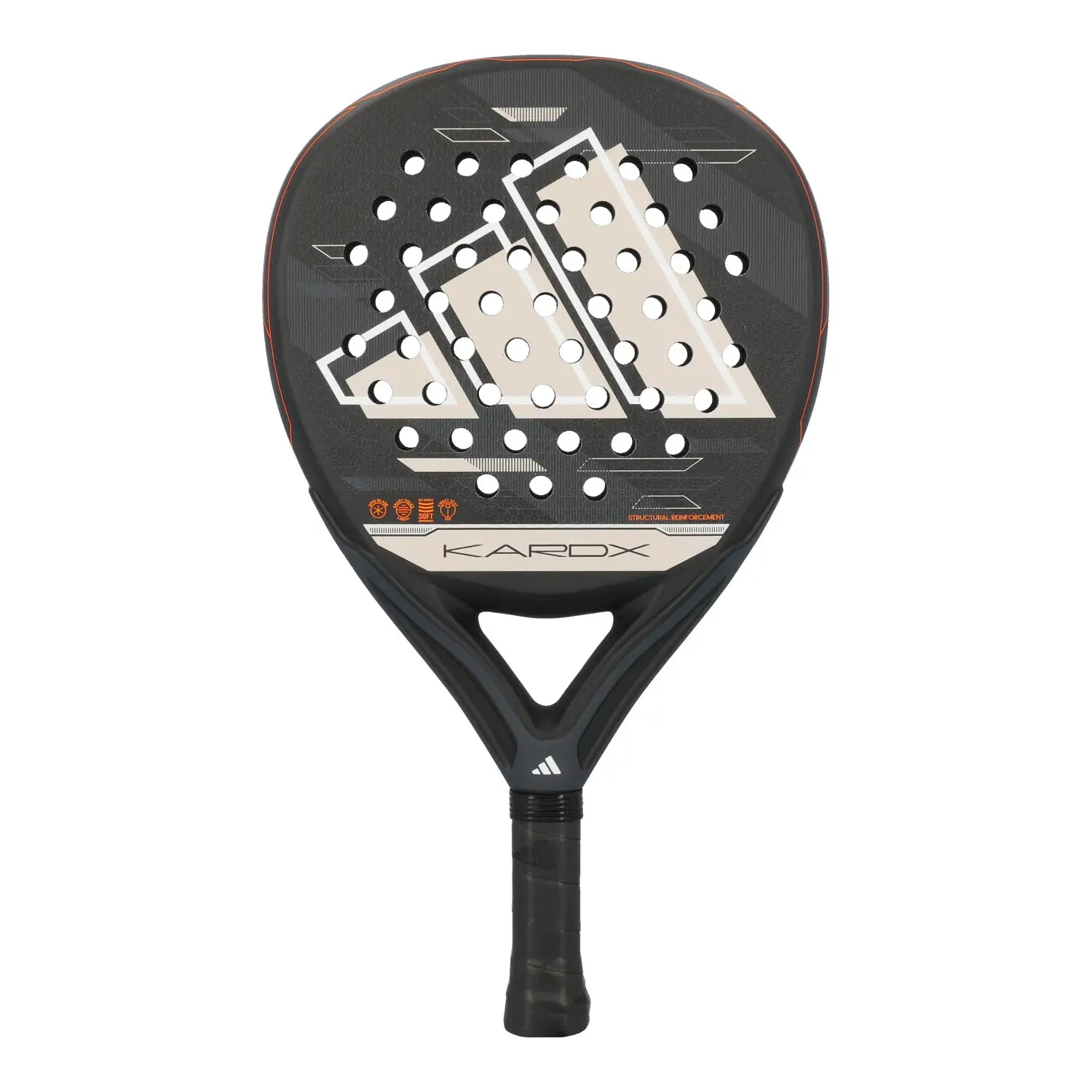 A black Adidas Kardex padel racket on a white background.