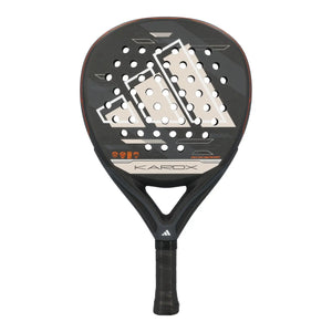 A black Adidas Kardex padel racket on a white background.