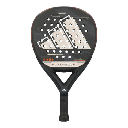 A black Adidas Kardex padel racket on a white background.