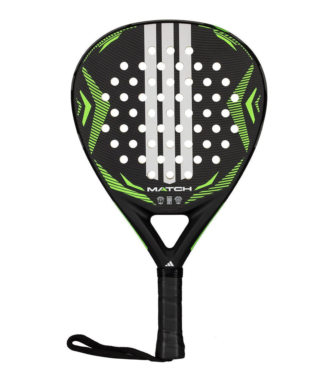 Black and green Adidas padel tennis racket with white stripes.